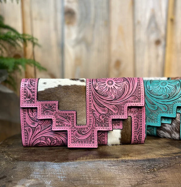 Pink Aztec Cowhide Tooled Leather Women's Wallet