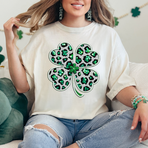 Leopard Print Silver and Green Faux Embroidery Four Leaf Clover Tee