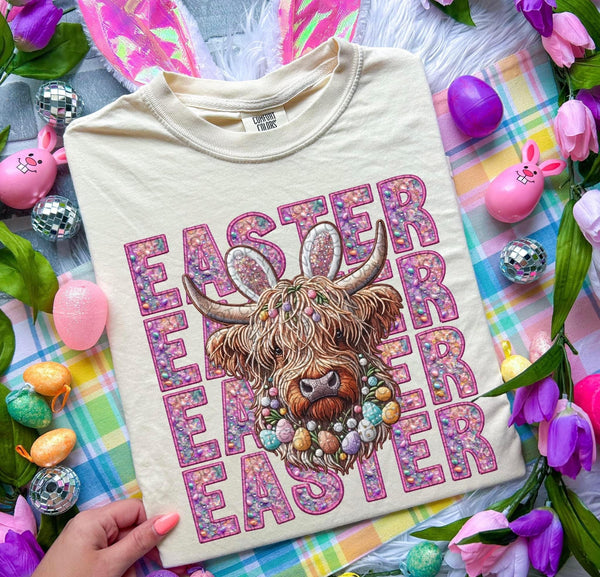 Easter Stacked Highlander Faux Embroidery Tee