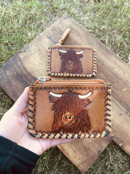 Highland Cow Cowhide Leather Coin Pouch