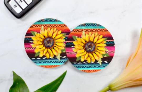 Sunflower Car Coasters (Set of 2 Rubber or Sandstone Car Coasters)