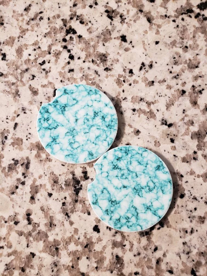 Turquoise Marble Car Coasters (Set of 2 Rubber or Sandstone Car Coasters)