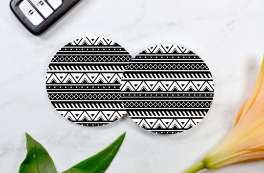 Black and White Tribal Car Coasters (Set of 2 Rubber or Sandstone Car Coasters)