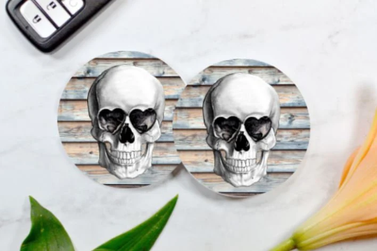 Wooden - Tin - Floral - Skull Car Coasters (Set of 2 Rubber or Sandstone Car Coasters)