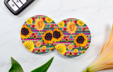 Funky Sunflower Car Coasters (Set of 2 Rubber or Sandstone Car Coasters)