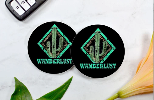 Wanderlust Car Coasters (Set of 2 Rubber or Sandstone Car Coasters)