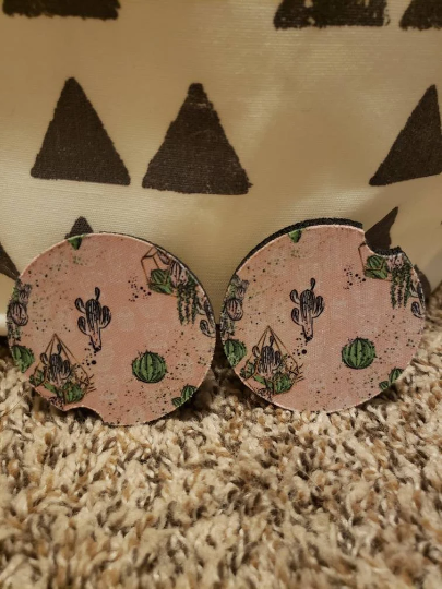 Pink Cactus Car Coasters (Set of 2 Rubber or Sandstone Car Coasters)