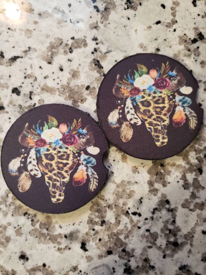 Floral Skull Car Coasters (Set of 2 Rubber or Sandstone Car Coasters)