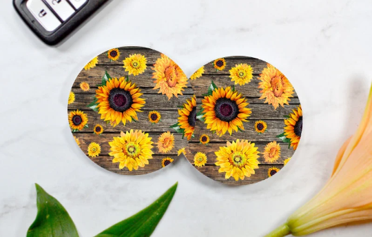Wooden Sunflower Car Coasters (Set of 2 Rubber or Sandstone Car Coasters)