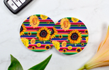 Serape Sunflower Car Coasters (Set of 2 Rubber or Sandstone Car Coasters)