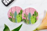 Pink Wooden Cactus Car Coasters (Set of 2 Rubber or Sandstone Car Coasters)