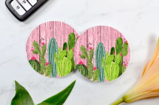 Pink Wooden Cactus Car Coasters (Set of 2 Rubber or Sandstone Car Coasters)