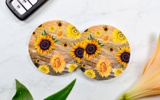 Rustic Sunflower Car Coasters (Set of 2 Rubber or Sandstone Car Coasters)