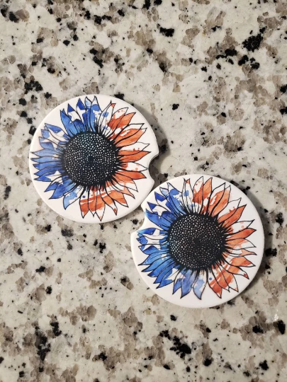 Red White Blue Sunflower Car Coasters (Set of 2 Rubber or Sandstone Car Coasters)