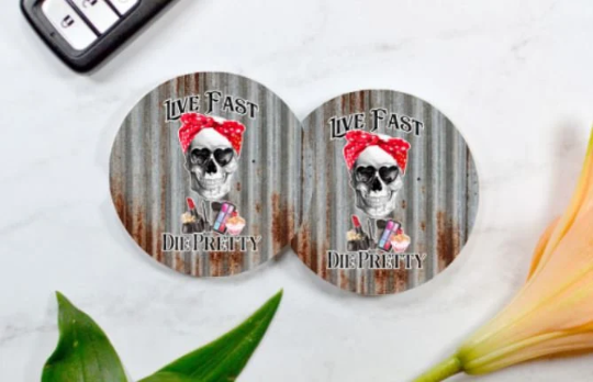 Live Fast Die Pretty Skull Car Coasters (Set of 2 Rubber or Sandstone Car Coasters)