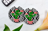 Aztec Potted Cactus Car Coasters (Set of 2 Rubber or Sandstone Car Coasters)