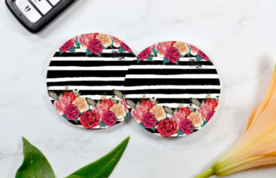 Floral Striped Car Coasters (Set of 2 Rubber or Sandstone Car Coasters)