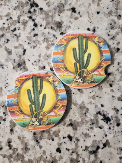 Serape Cactus Car Coasters (Set of 2 Rubber or Sandstone Car Coasters)