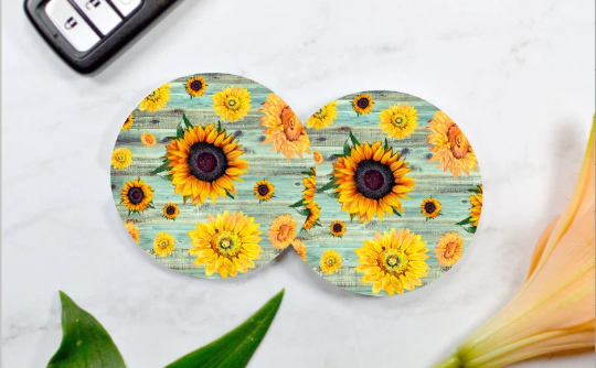 Light Wooden Sunflower Car Coasters (Set of 2 Rubber or Sandstone Car Coasters)