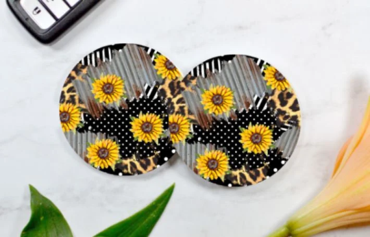 Leopard Tin Sunflower Car Coasters (Set of 2 Rubber or Sandstone Car Coasters)