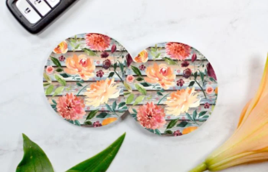 Wooden Floral Car Coasters (Set of 2 Rubber or Sandstone Car Coasters)
