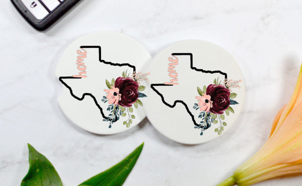 Floral Texas Home Car Coasters (Set of 2 Rubber or Sandstone Car Coasters)