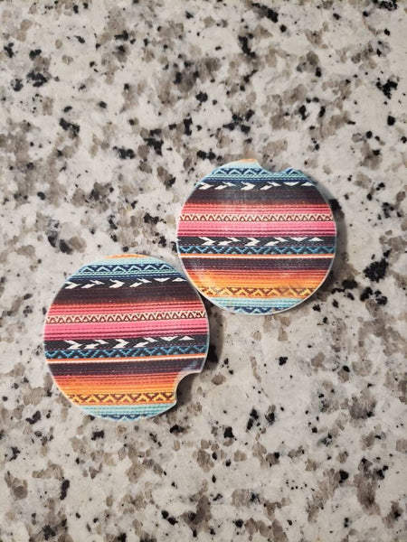 Neon  Mexican Blanket Car Coasters (Set of 2 Rubber or Sandstone Car Coasters)