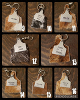 Cowhide Cattle Tag Keychain + Stamped Tag << 1-70 >> | Rodeo Accessory Hair On Hide Cow Tag Western Boho Cowgirl Keychain