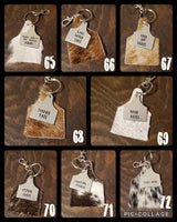 Cowhide Cattle Tag Keychain + Stamped Tag << 71 - 95>> | Hair on Hide Cow Head Keychain Accessory |