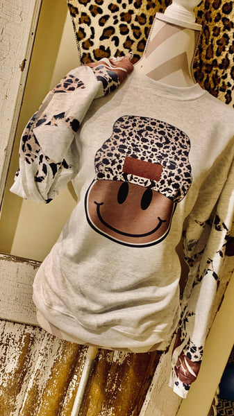 Cow Print Smiley Beanie Sweatshirt